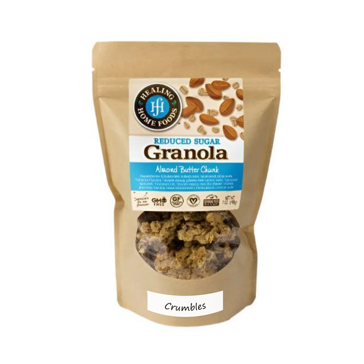 Bag of Healing Home Foods Reduced Sugar Granola with visible branding and product details.