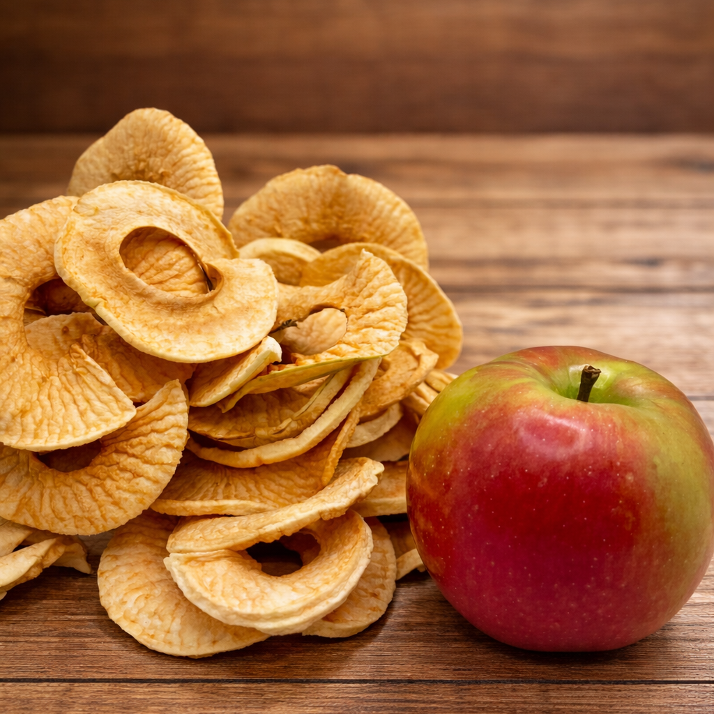Pile of apple chips next to an apple on a table