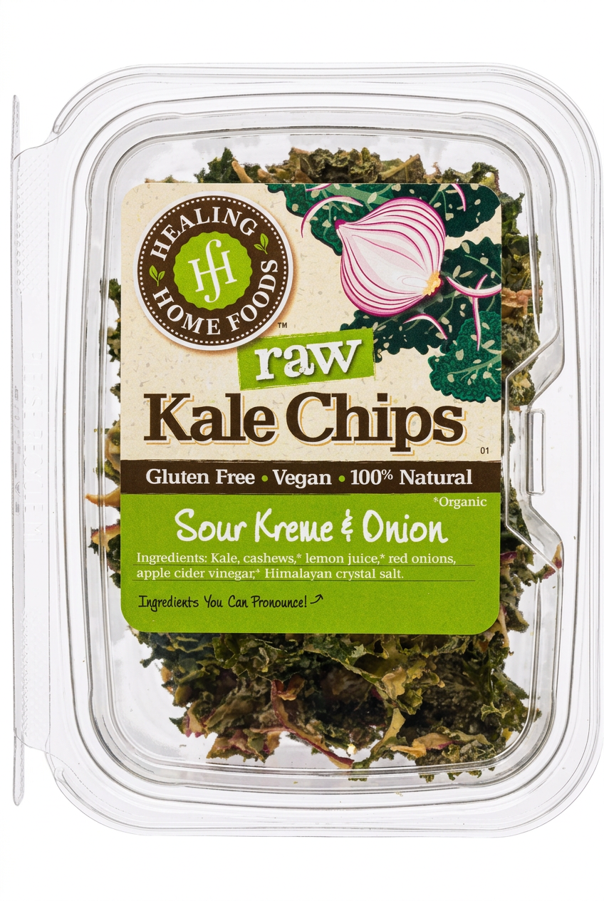A clear plastic tub of Healing Home Foods Raw Kale Chips, specifically Sour Kreme & Onion flavor, showing the green and brown kale chips inside with the product label on a white background.