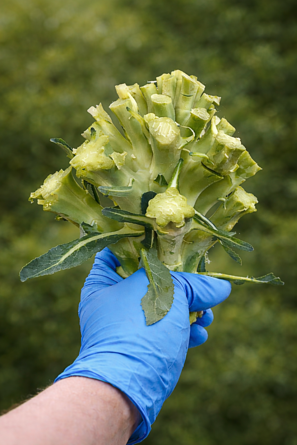 A hand in a blue glove holds thick Broccoli Croutons by Healing Home Foods, showcasing trimmed, vitamin-rich stalks against a blurred green background.