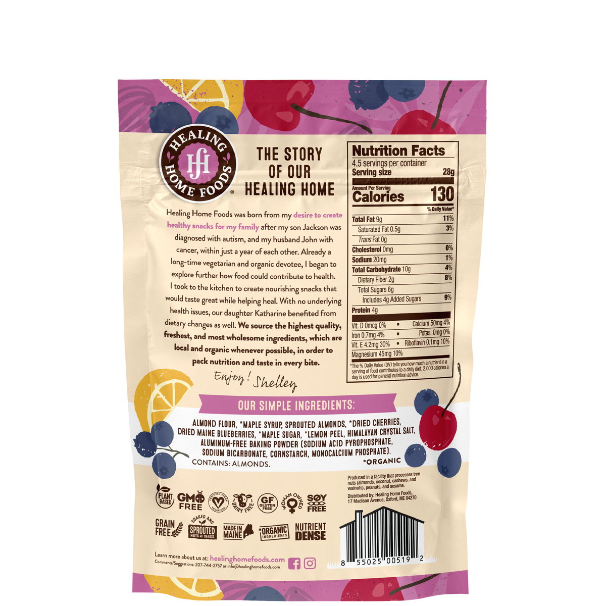 Back of a Healing Home Foods product package, showing nutrition facts, ingredients list, icons, and a barcode on a white background with decorative blueberries and citrus graphics.