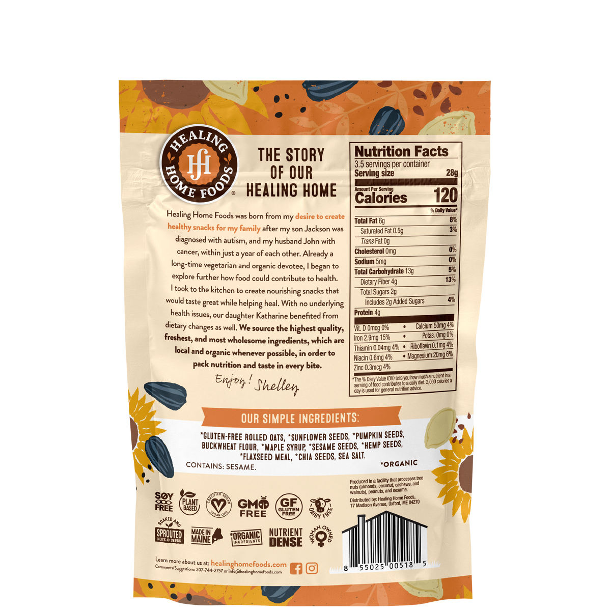 Back of a Healing Home Foods bag showing nutrition facts, ingredients list, and product details on a brown and beige package with sunflower graphics.