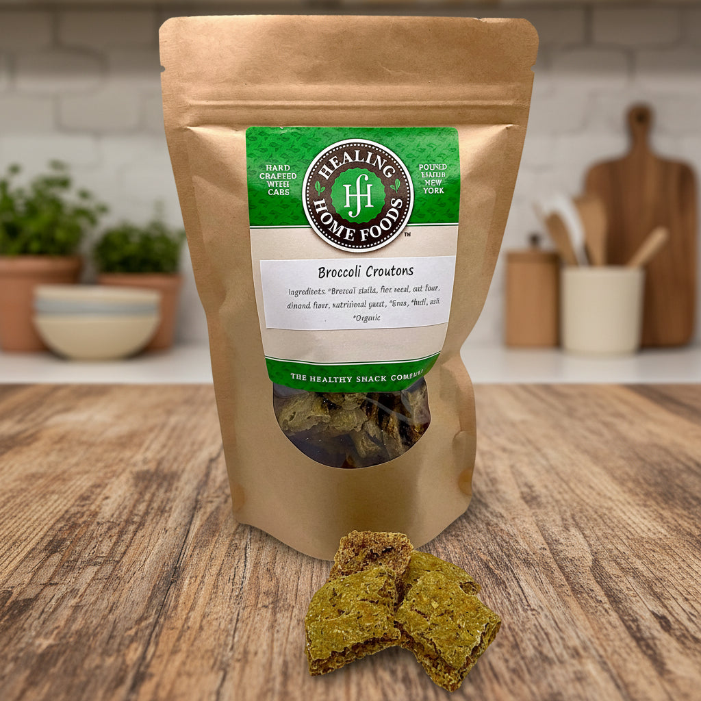 Bag of Healing Home Foods Broccoli Croutons with snacks