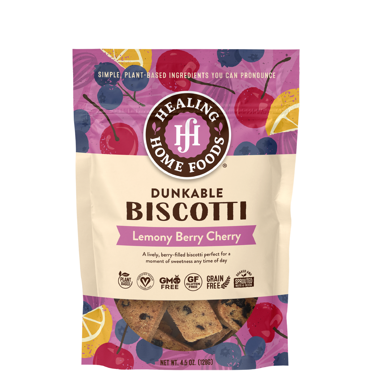 A stand-up pouch of Healing Home Foods Dunkable Biscotti in Lemony Berry Cherry flavor, featuring a colorful fruit illustration design with cherries, lemons, and berries on a white background.