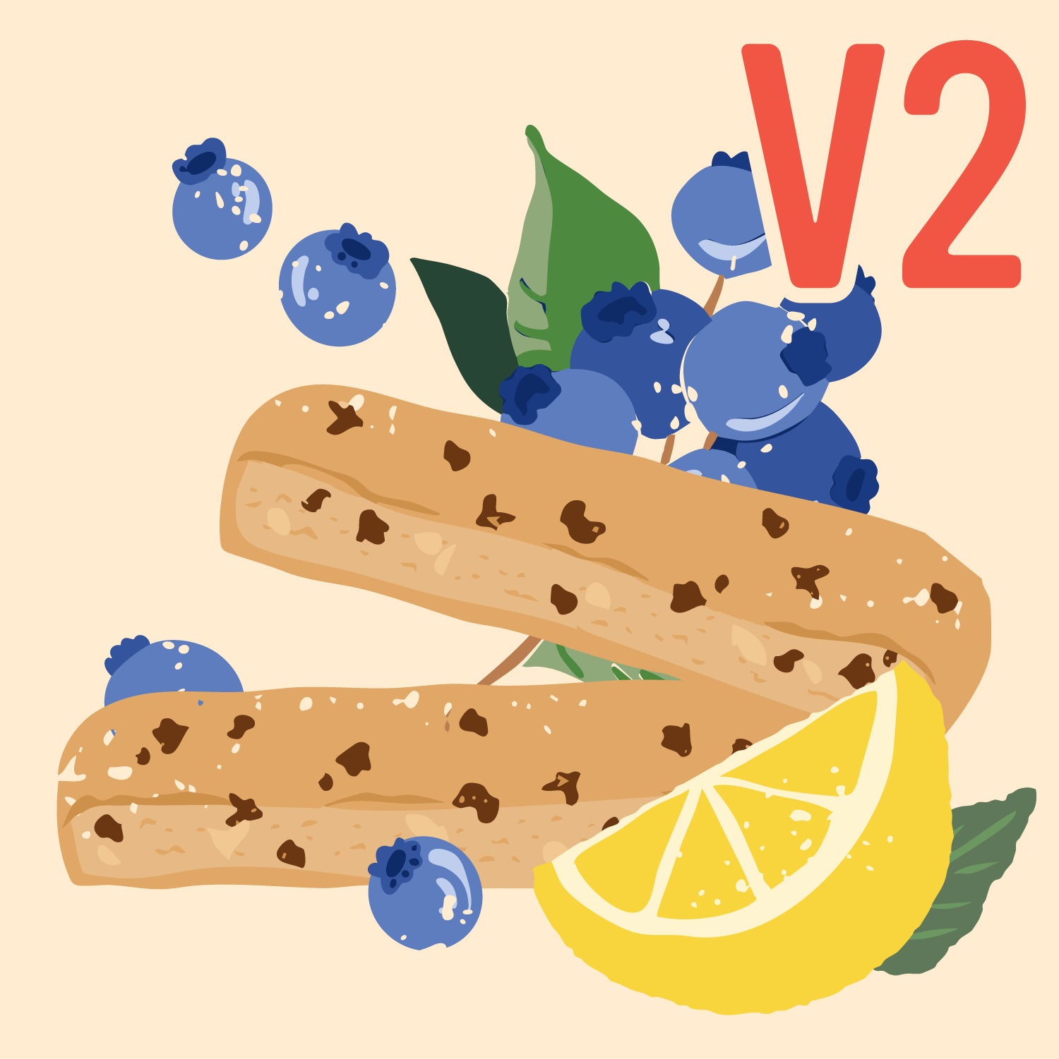 Illustration of biscotti with blueberries and a lemon on a beige background, saying 'Version 2"