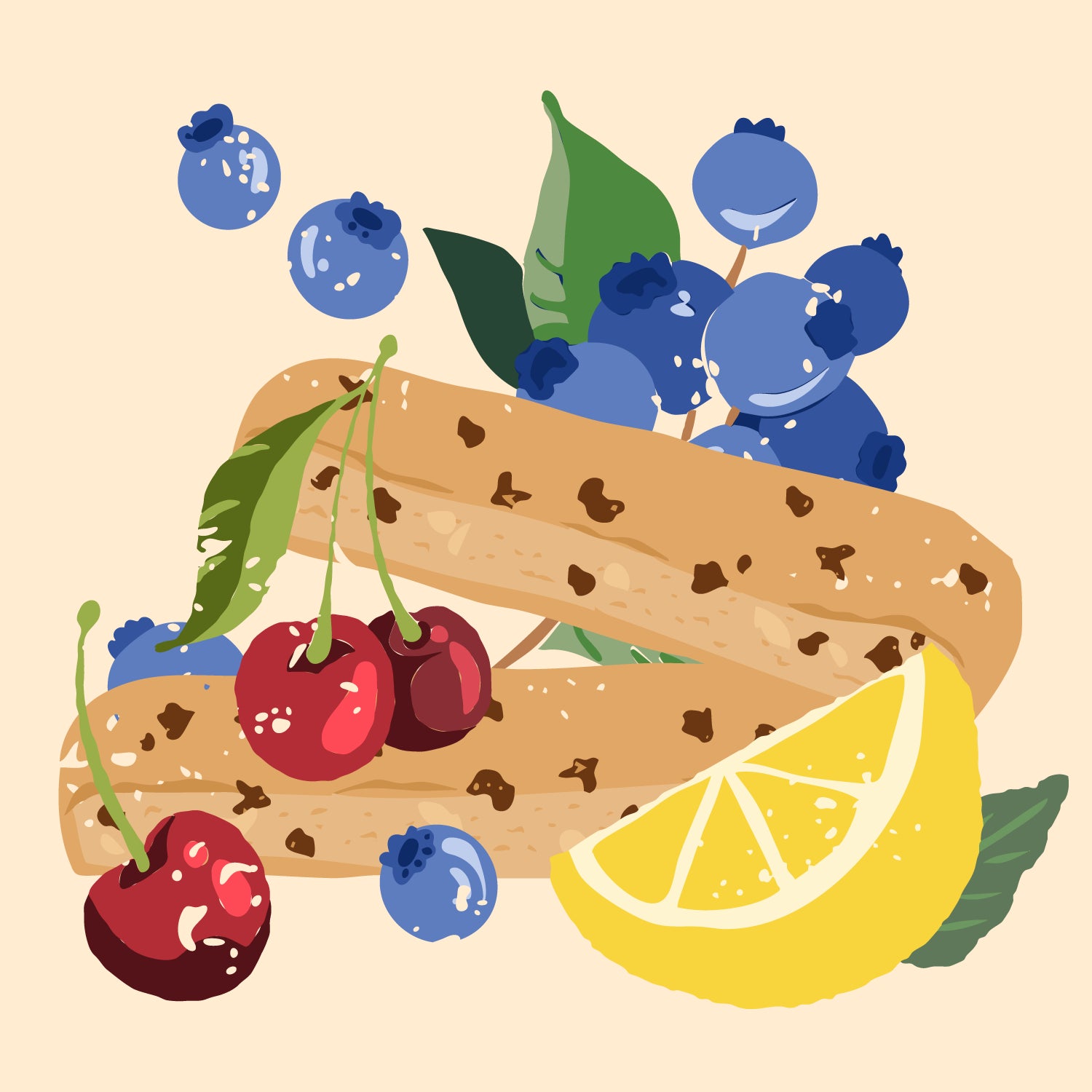 Illustration of a slice of bread with berries, cherries, and a lemon on a beige background