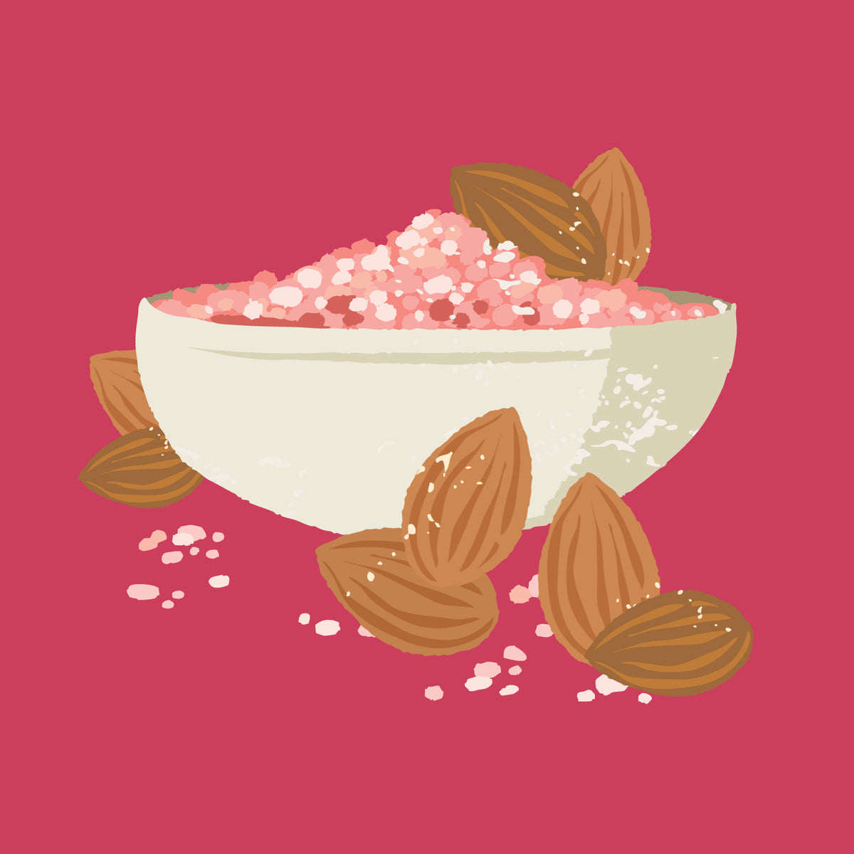 Illustration of a bowl of pink bath salts with almonds on a red background