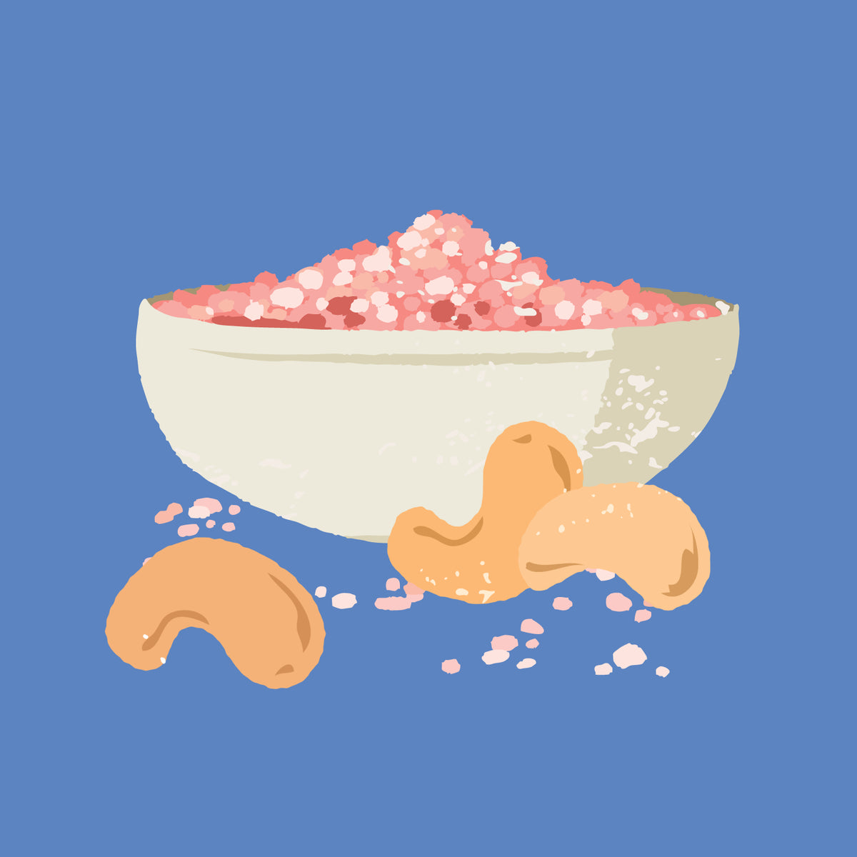 Illustration of a bowl with pink granules and cashews on a blue background