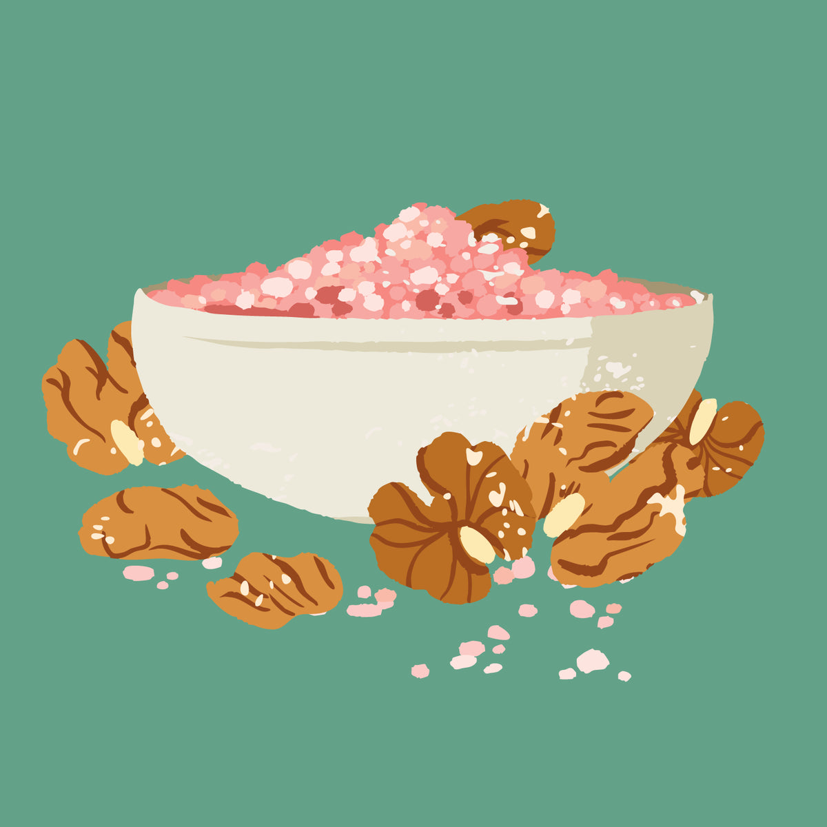 Illustration of a bowl with pink contents and pecans on a green background