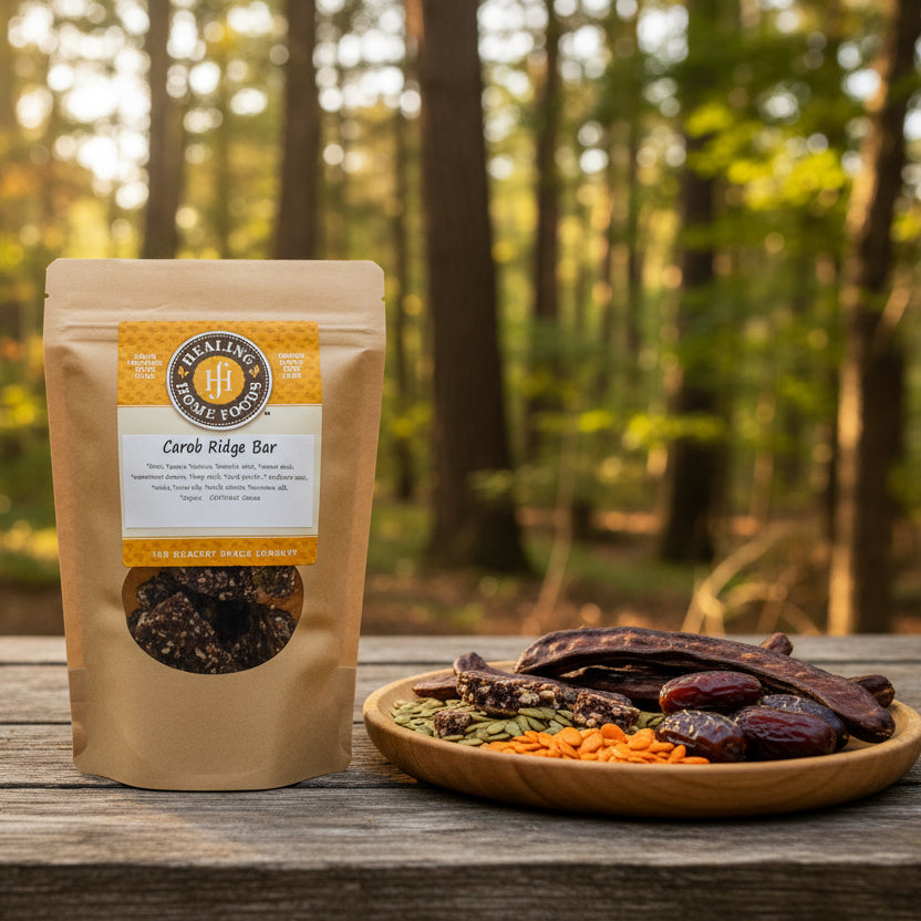 A Carob Ridge Bar package from Healing Home Foods sits on a wooden surface in a sunlit forest, beside a plate with carob pods, dates, nuts, seeds, and shredded carrot.