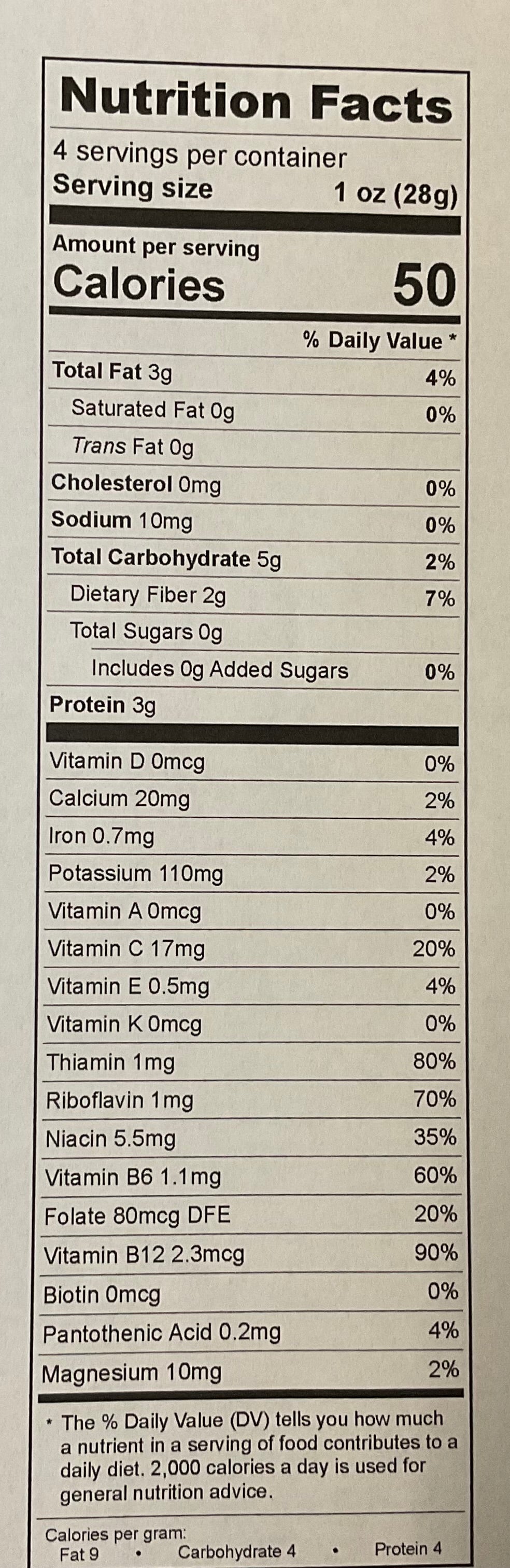The Nutrition Facts label on Healing Home Foods Broccoli Croutons shows 4 servings per container, serving size 1 oz (28g), and 50 calories per serving, with fat, cholesterol, sodium, carbs, fiber, sugars, protein, vitamins & minerals—a nutritious snack.