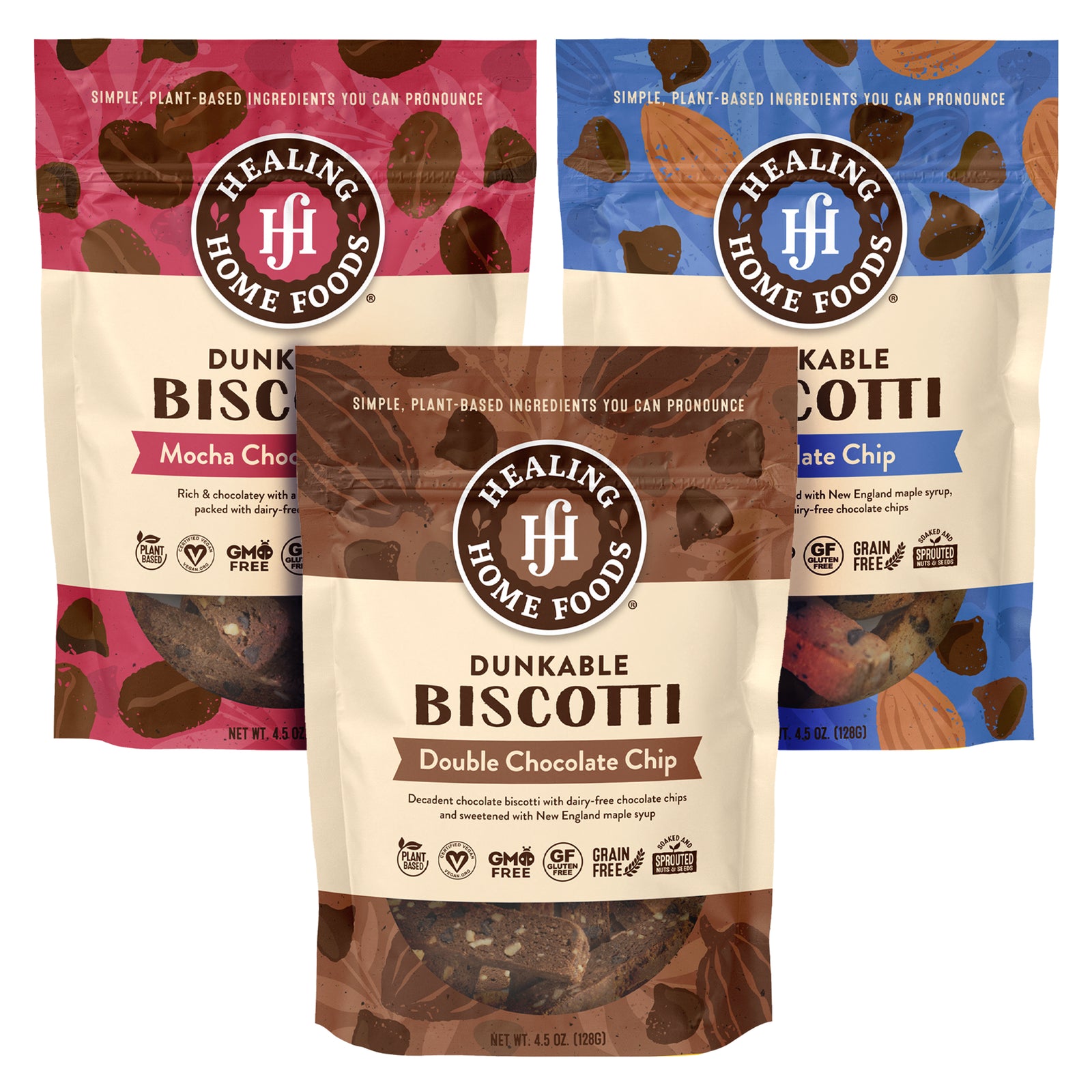 Three pouches of Healing Home Foods Dunkable Biscotti in Mocha Chocolate Chip, Double Chocolate Chip, and Chocolate Chip flavors, with colorful packaging featuring almonds and chocolate illustrations.
