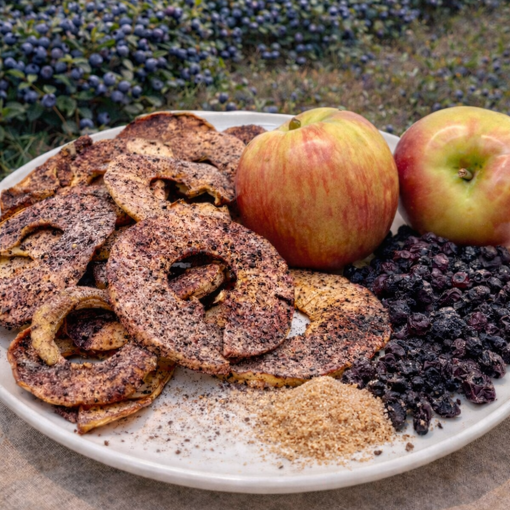 Dried blueberry apple slices and apples and berries on a plate with a blueberry field in the background